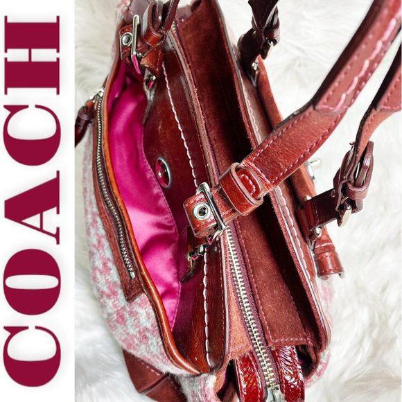 Vintage Coach Hampton Pink Houndstooth Satchel With Red Suede & Leather Trim - Picture 3 of 13